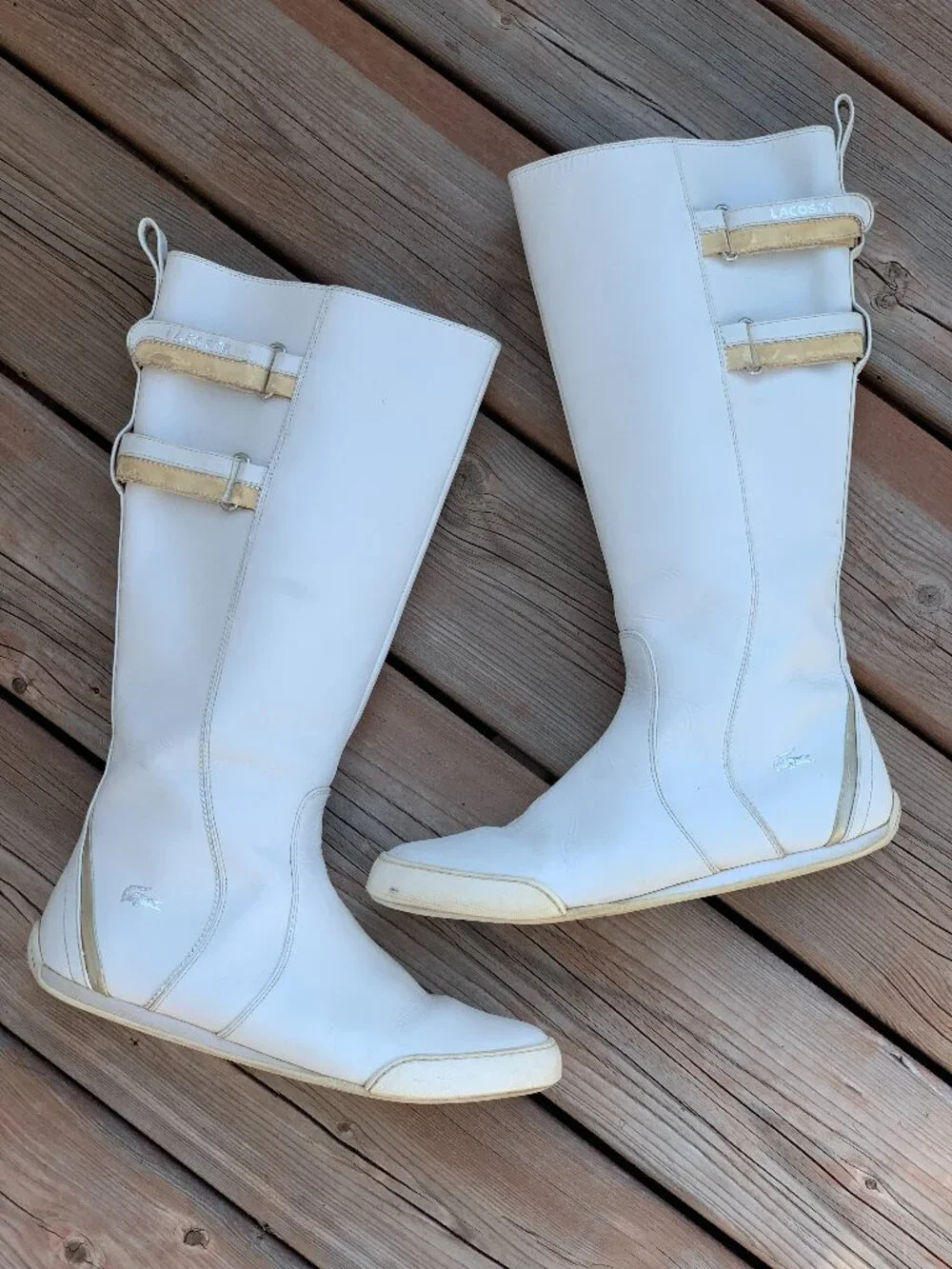 Vintage Lacoste White Leather Boots Womens 9 Side Zip Tall Gogo Retro Knee High